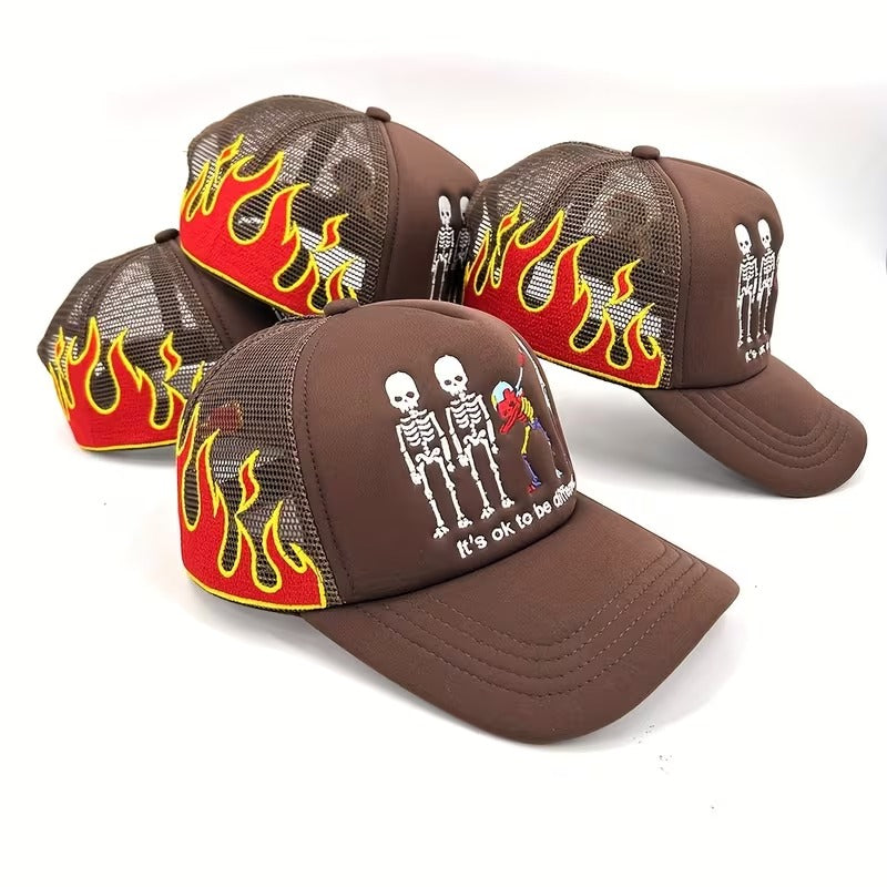 Y2K Streetwear Dabbing Skeleton Tone Mesh Cap